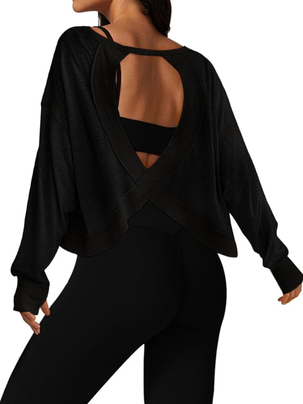 Open Back Long Sleeve Cropped Workout Top for Women - Athletic Gym Yoga Shirt